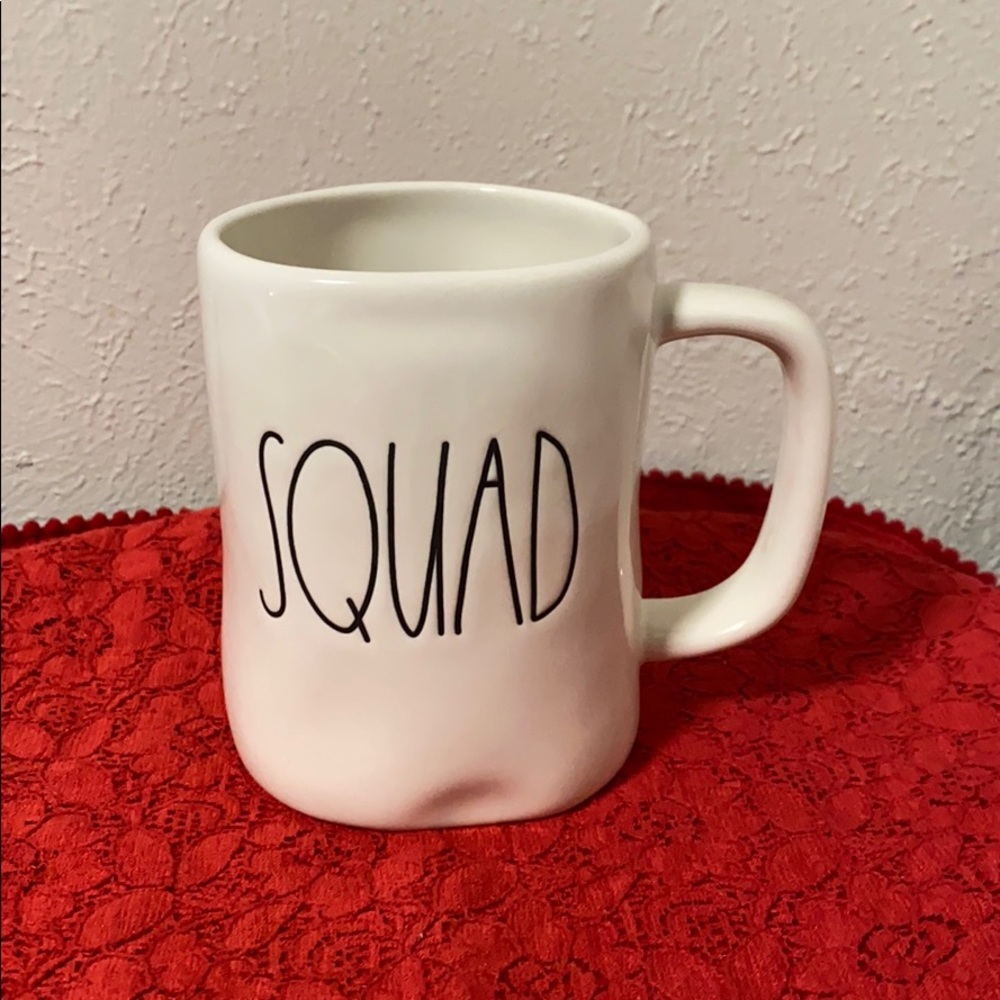 Rae Dunn mug with “Squad” text